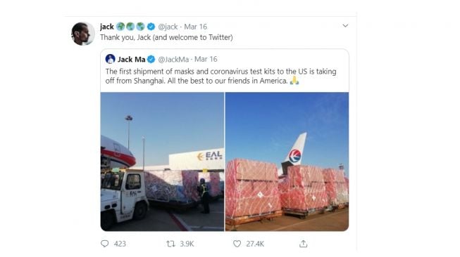 Postingan perdana Jack Ma di Twitter, pengiriman bantuan ke AS. [Twitter]