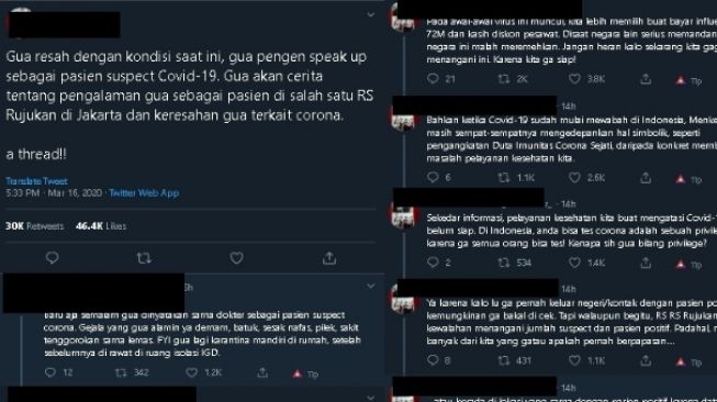 Curhat pasien suspect corona. (Twitter)