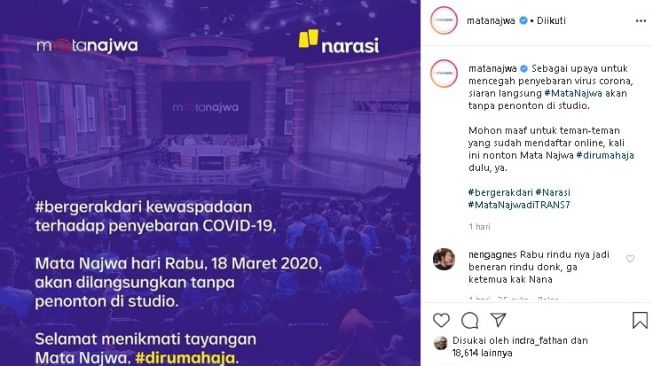 4 Acara TV Tayang Live Tanpa Penonton Gara-gara Corona. (Instagram)