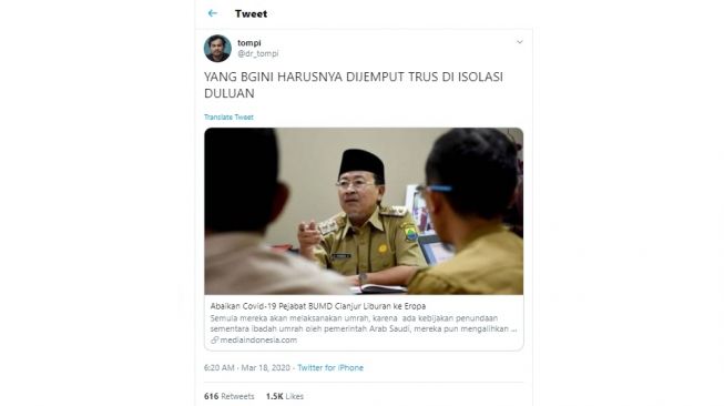 Tompi kesal dengan pejabat PDAM Cianjur yang pelesiran ke Eropa saat virus corona (twitter/@dr_tompi)