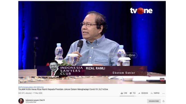 Rizal Ramli di ILC tvOne (Screenshot YouTube Indonesia Lawyers Club)