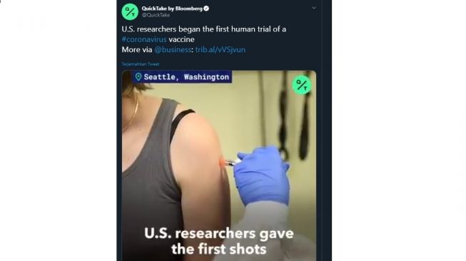 Vaksin diuji klinis pertama kali ke manusia (Twitter/Bloomberg)