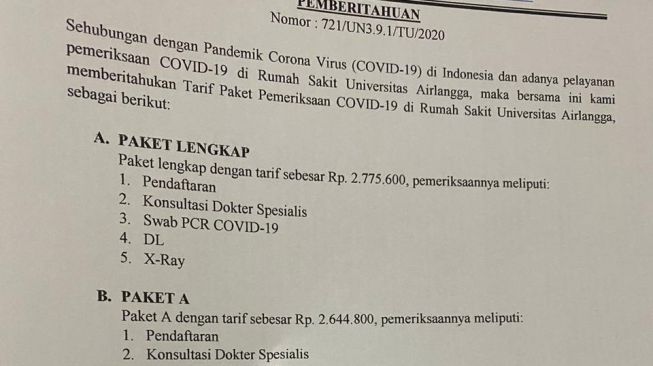 Surat pemberitahuan biaya pemeriksaan COVID-19 RSUA. (Twitter/@FerdinandHaean2).