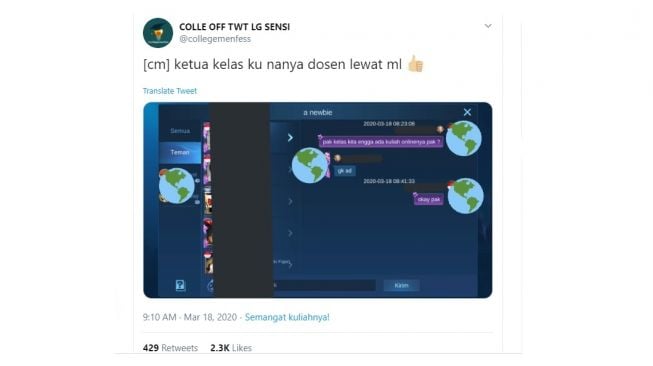 Tangkapan layar chat murid ke dosen lewat game. [Twitter]