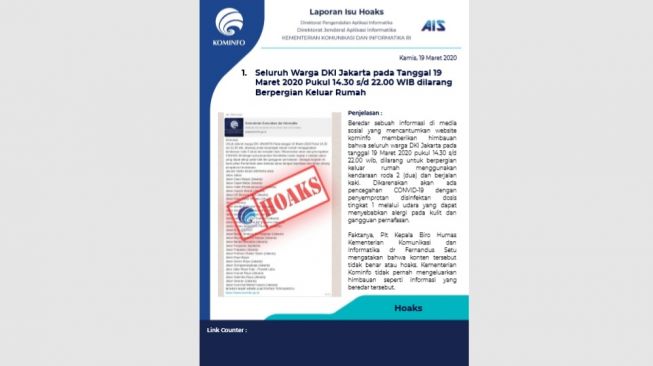 Warga Jakarta Dilarang Keluar Rumah pada 19 Maret? Kominfo: Hoaks!