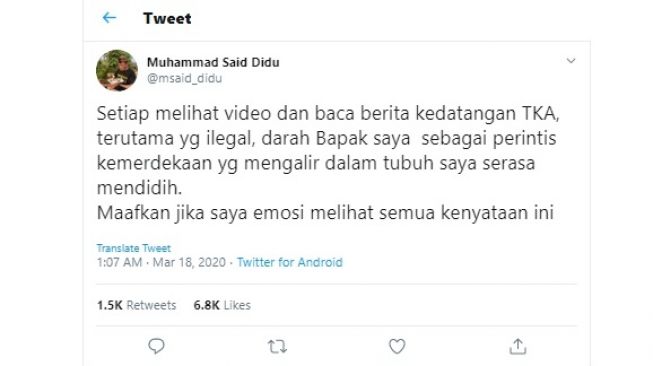 Said Didu emosi lihat TKA masuk ke Indonesia (twitter/@msaid_didu)