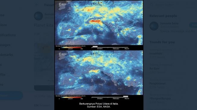 Potret Nasa tampilan Bumi usai diserang virus corona. [Twitter]