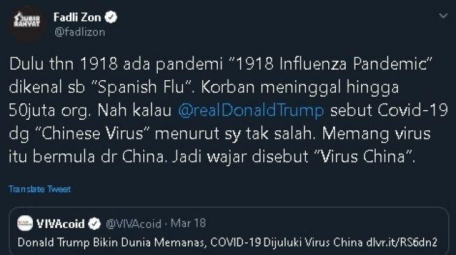 Fadli Zon singgung Covid-19 dijuluki virus China. (Twitter/@fadlizon)