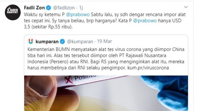 Fadli Zon sebut harga alat tes cepat corona hnta Rp 55 Ribu (twitter/Fadlizon)