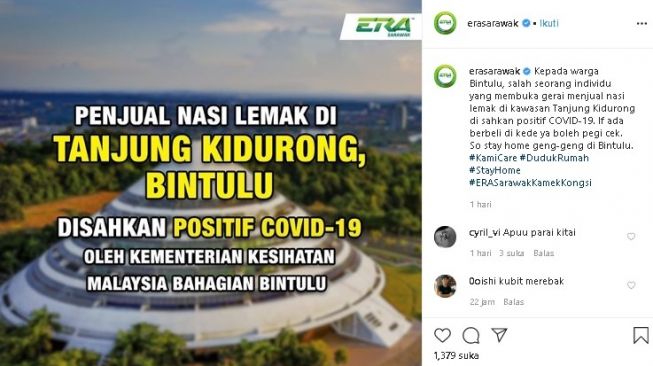 Penjual nasi lemak disebut terjangkit virus corona Covid-19. (Instagram/@erasarawakk)