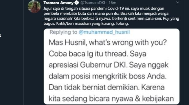 Twit Tsamara yang geram dengan salah satu warganet. (Twitter/@TsamaraDKI) 