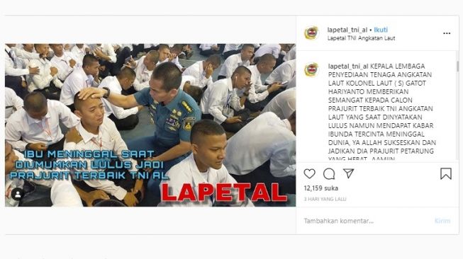 Bahtiar Anggoro, siswa prajurit TNI AL menangis saat lulus dan dapat kabar ibunya meninggal (instagram/@lapetal_tni_al)