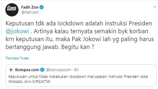 Cuitan Fadli Zon menanggapi soal lockdown (twitter/@fadlizon)