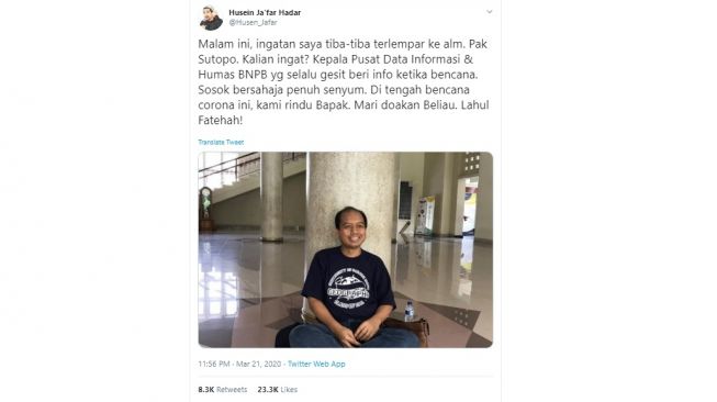 Sosok Sutopo dirindukan saat Indonesia dilanda bencana corona (twitter/@Husen_Jafar)