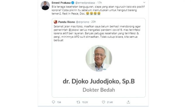 Cuitan Ernest Prakasa tentang dokter positif corona yang meninggal (twitter/@ernestprakasa)