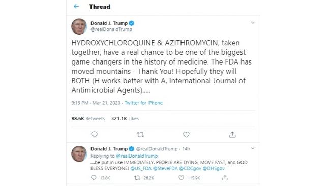 Cuitan Donald Trump yang menyebut hydroxychloroquine dan azithromycin jadi obat COVID-19 (twitter/@realDonaldTrump)