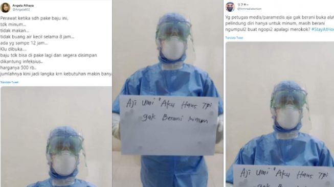 Viral perawat pakai baju hazmat, haus tapi tak berani minum (Twitter @Angela602 dan @hrmnsdistortion)