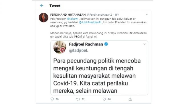 Ferdinand minta Fadjroel dipecat gara-gara cuitan pecundang politik (twitter/FerdinandHaean2)