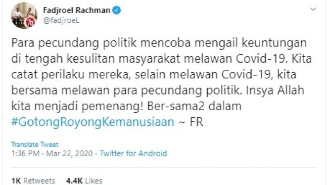 Cuitan Fadjroel Rachman soal pecundang politik dikritik banyak orang (twitter/@fadjroeL)