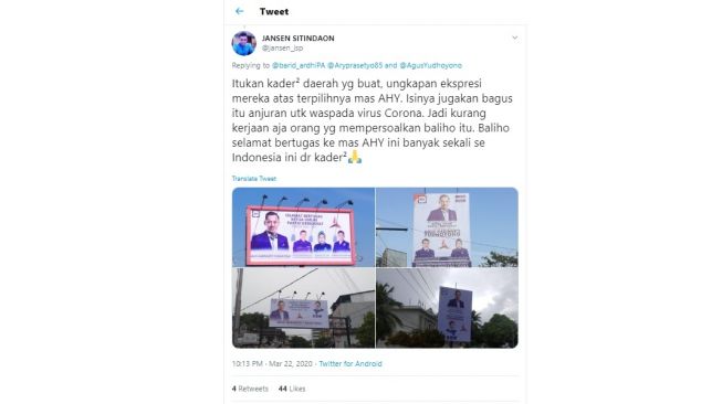 Pembelaan Jansen soal AHY dituding kampanye saat corona (twitter/jansen_jsp)