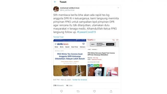 Sohibul Iman meminta rapid test virus anggota DPR dibatalkan (twitter/@msi_sohibuliman)