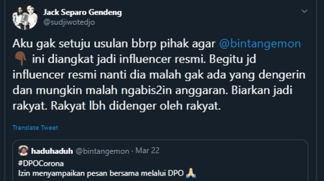 Sudjiwo Tedjo tak setuju Bintang Emon jadi influencer pemerintah. (Twitter/@sudjiwotedjo)