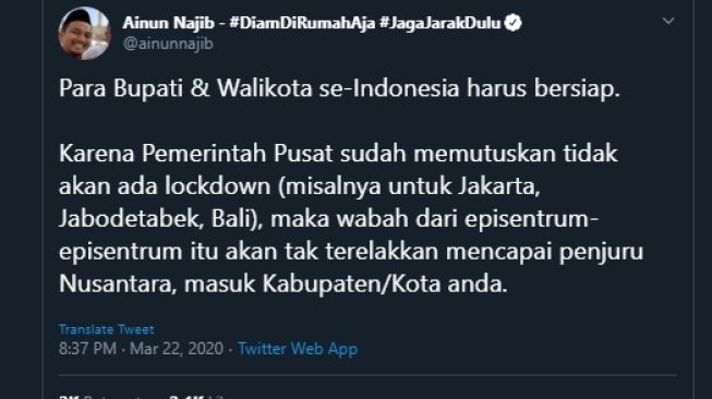 Cuitan Ainun Najib soal pemerintah tak mau ada lockdown