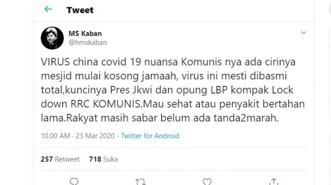 Sebut Covid-19 sebagai Virus China Nuansa Komunis, Eks Menhut Dikecam