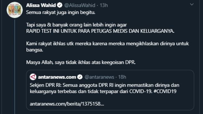 Cuitan Alissa Wahid soal DPR ingin lakukan rapid test