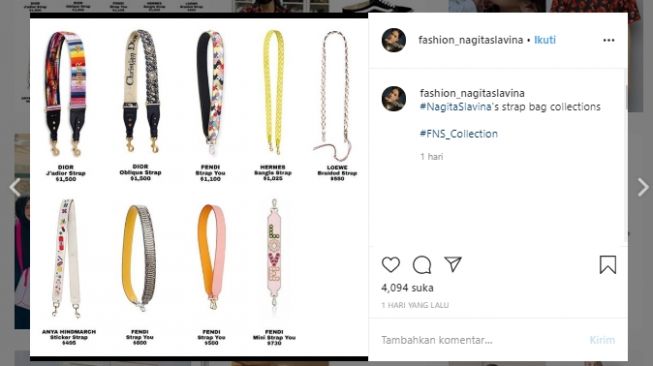 Koleksi strap bag Nagita Slavina. (Instagram/@fashion_nagitaslavina)