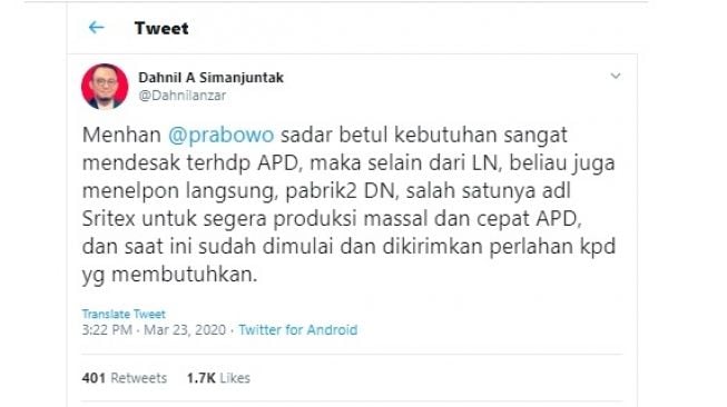 Menhan Prabowo Telepon pabrik untuk segera produksi massal APD (twitter/@Dahnilanzar)