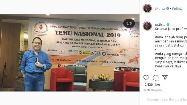 Ungkapan dukcaita dr Tirta untuk Guru Besar UGM Iwan Dwiprahasto yang meninggal karena corona, Selasa (24/3/2020). - (Instagram/@dr.tirta)