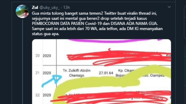 Status Zul yang kesal atas kebocoran data pasien Covid-19