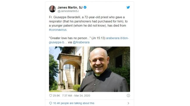 Unggahan tentang Pastor Giuseppe Berardelli (twitter/JamesMartinSJ)