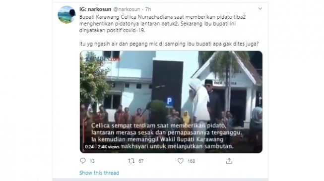 Bupati Karawang Cellica batuk-batuk saat Pelantikan Kepala Desa, 20 Maret 2020 (twitter/narkosun)