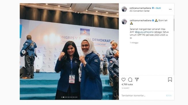 Bupati Karawang Cellica Nurrachadiana di Kongres V Partai Demokrat, 15 Maret 2020 (instagram/@cellicanurrachadiana)