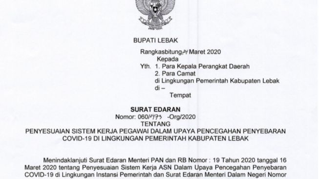 Siaga Corona, ASN di Lebak Work From Home sampai 29 Mei 2020