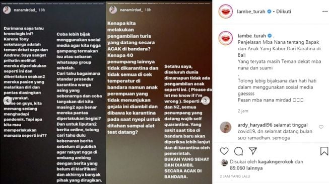 Nana Mirdad jelaskan kronologi bapak anak kabur dari tempat karantina [Instagram/@lambe_turah]