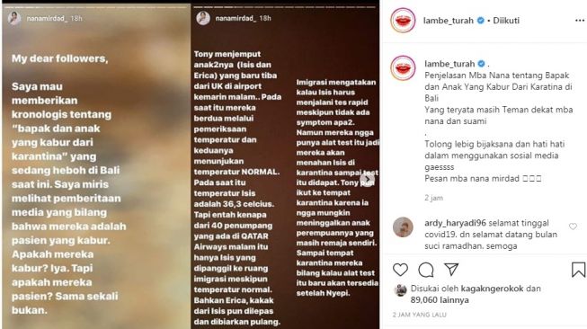 Nana Mirdad jelaskan kronologi bapak anak kabur dari tempat karantina [Instagram/@lambe_turah]