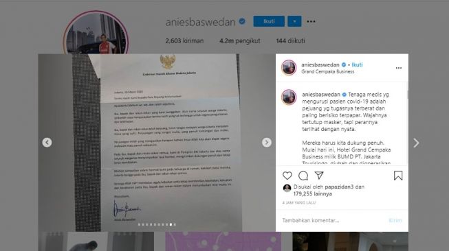 Surat Gubernur DKI Jakarta Anies Baswedan untuk tenaga kesehatan yang melawan virus corona (instagram/@aniesbaswedan)