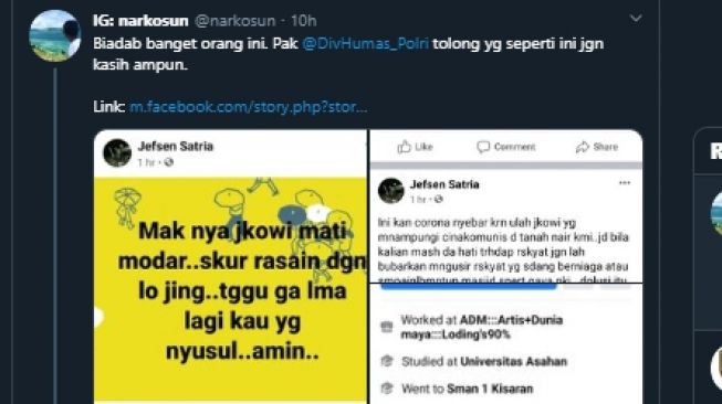 Ujaran kebencian kepada Presiden Jokowi atas kematian ibundanya. (Twitter/@narkosun)