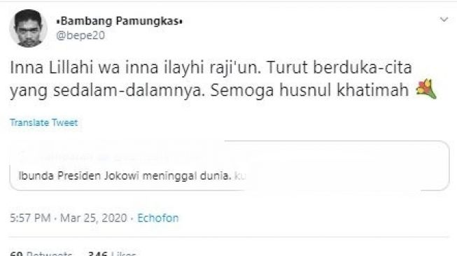 Bambang Pamungkas turut berduka cita atas kepergian ibunda Jokowi. (Twitter/@bepe20).