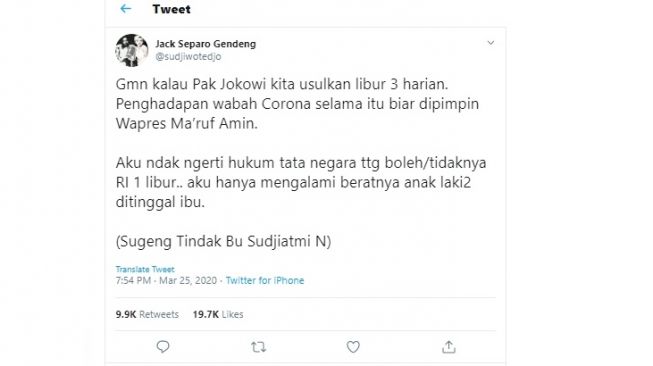 Sudjiwo Tedjo usul Presiden Jokowi libur 3 hari (twitter/@sudjiwotedjo)