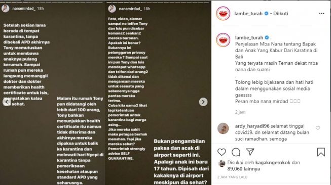 Nana Mirdad jelaskan kronologi bapak anak kabur dari tempat karantina [Instagram/@lambe_turah]