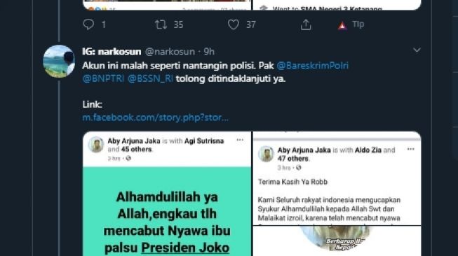 Ujaran kebencian kepada Presiden Jokowi atas kematian ibundanya. (Twitter/@narkosun)