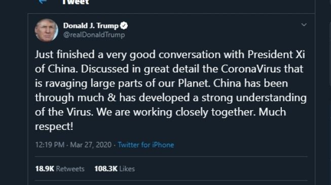 Cuitan Donald Trump sehabis ditelepon Xi Jinping. (Twitter/@realDonaldTrump)