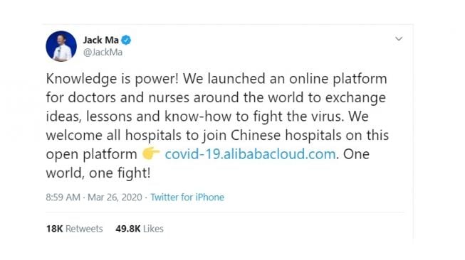 Postingan Jack Ma buat platform khusus medis. [Twitter]