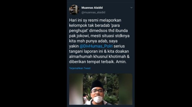 Akun Muannas Alaidid di Twitter, ia melaporkan para pelaku ujaran kebencian terhadap ibunda Presiden Joko Widodo [Twotter: @muannas_alaidid].