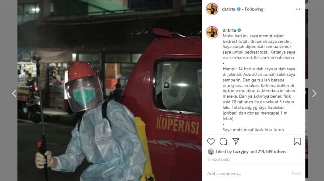 Setahun Kasus Covid-19, dr Tirta: Semoga Tak Panjang Umur Kau Virus Laknat