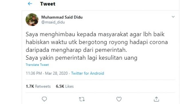 Cuitan Said Didu imbau masyarakat gotong royong daripada berharap ke pemerintah (twitter/msaid_didu)